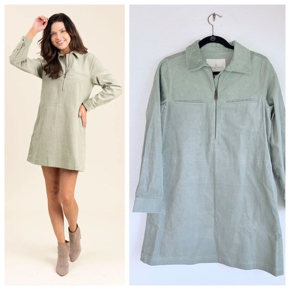 NEW Le Marais Athens Corduroy Quarter Zip Shift Dress in Pistachio Green Sz S